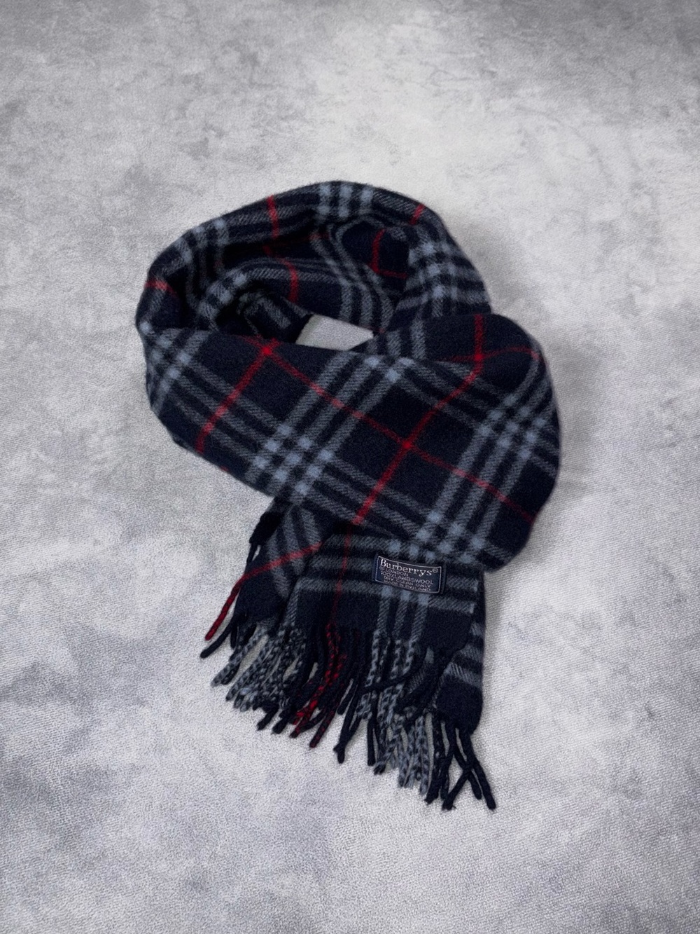 Vintage Burberry London 90s Navy Blue Nova Check Plaid Wool Scarf Made In Englan